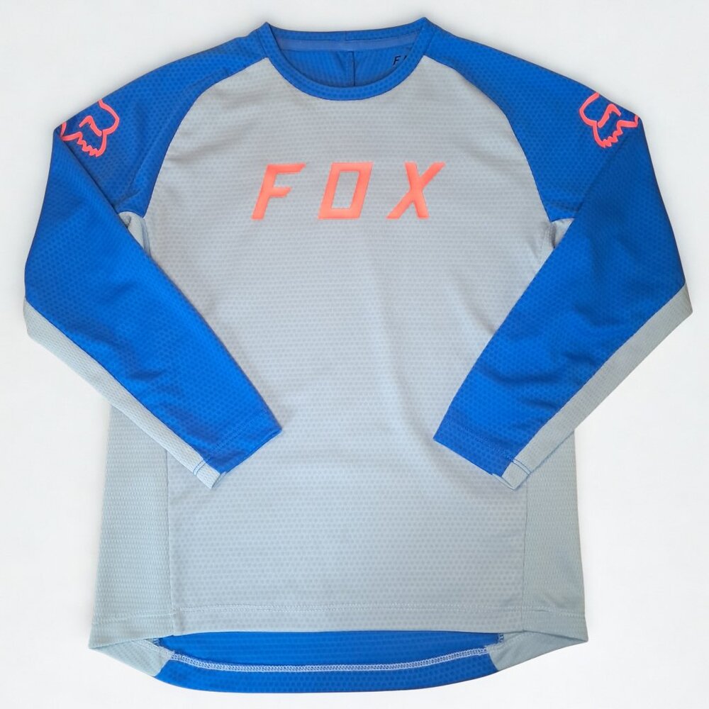 Fox Blue and Gray Kids Long Sleeve Jersey with Coral Logo